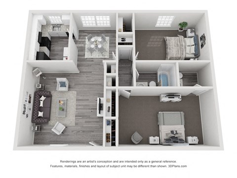 a stylized floor plan of a 1 bedroom445 sq ft